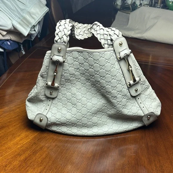Gucci GG Monogram Embossed Leather Hobo Bag Ivory White Braided Handle - Picture 2 of 13
